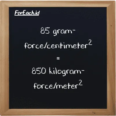 85 gram-force/centimeter<sup>2</sup> is equivalent to 850 kilogram-force/meter<sup>2</sup> (85 gf/cm<sup>2</sup> is equivalent to 850 kgf/m<sup>2</sup>)
